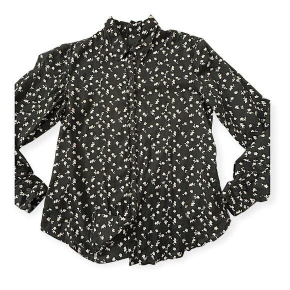 Nili Lotan Libby Floral-print Button-down Shirt In Ivory/black Floral, Size L - Picture 7 of 14